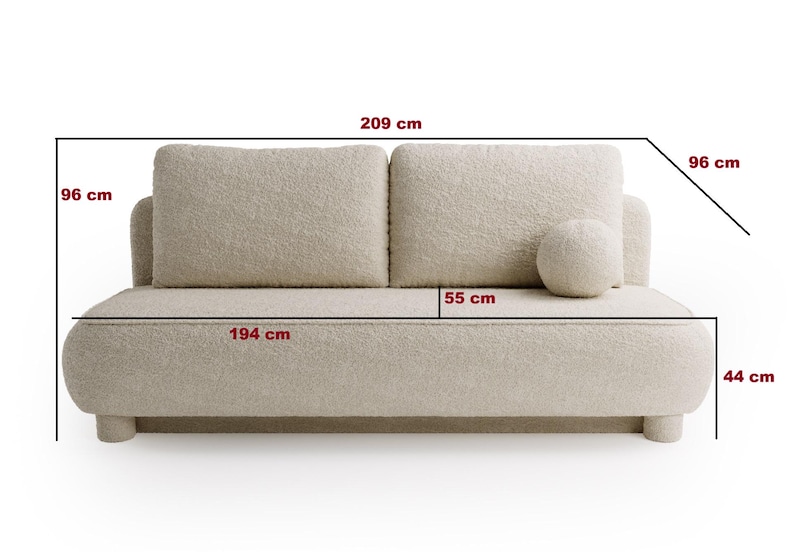 May include: A cream-colored, two-seater sofa with rounded edges and a soft, textured fabric. The sofa is 76 inches wide, 38 inches deep, and 38 inches high. It features two large back cushions and a round bolster pillow. The sofa's overall length is 82 inches.