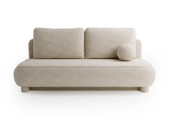 Ecru Bouclé Sofa Bed – Stylish Curved Sleeper Couch, Modern Minimalist Design for Cozy Living Room and Bedroom Spaces