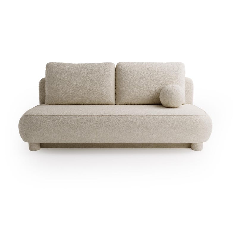 May include: A beige, two-seater sofa with a rounded design. The sofa features a textured, boucle fabric and includes two square back cushions and a round bolster pillow. The sofa sits on four short, cylindrical legs.