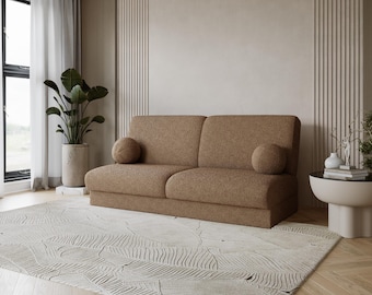 Curved Dark Beige Bouclé Sofa Bed – Japandi Minimalist Sleeper Couch, Warm Neutral Tone, With Storage