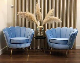 Blue Velvet Shell Accent Chair – Chic Modern Armchair with Metal Legs, Perfect for Vanity Corner, Entryway or Boutique Waiting Room Decor