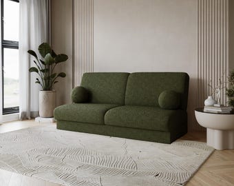 Curved Olive Green Bouclé Sofa Bed – Nordic Modern Sleeper Couch, Earthy Natural Tone, With Storage