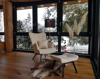 Fauteuil scandinave blanc crème Venus en velours + REPOSE-PIEDS/fauteuil d'allaitement // Schaukelstuhl/ Sessel