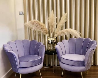 Dusty Lavender Violet Velvet Shell Chair – Romantic Accent Armchair with Gold Legs, Ideal for Bedroom, Vanity, Boutique or Soft Interiors