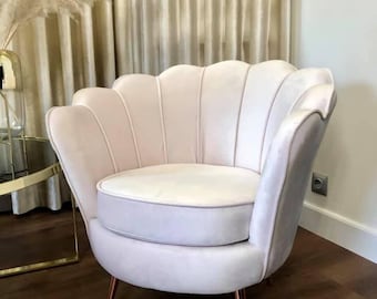 White Ivory Velvet Shell Chair – Minimal Glam Accent Armchair with Gold Legs, Perfect for Bedroom, Entryway, Vanity or Salon Waiting Area