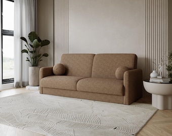 Sandstone Beige Sofa Bed – Stylish Modern Sleeper Couch, Optional Armrests, Cozy Neutral Living Space