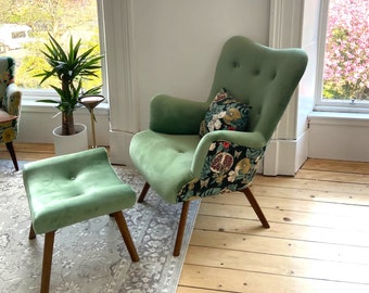 Fauteuil scandinave en velours magique coloré vert + FOOTSTOOL/ chaise d'allaitement // Schaukelstuhl/ Sessel