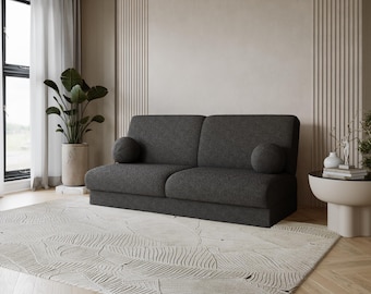 Curved Ashen Bouclé Limba Sofa Bed – Japandi Minimalist Sleeper Couch, Modern Living Room, With Storage and Optional Armrests