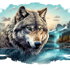 May include: A wolf with blue eyes stands in a mountain lake with snow-capped peaks in the background. The water is clear and reflects the sky and mountains. The wolf's fur is a mix of gray and brown.