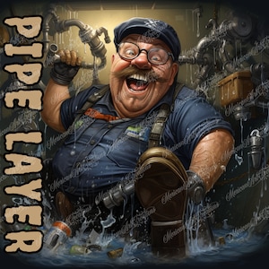 May include: A digital illustration of a smiling plumber in a blue uniform, holding pipes and surrounded by water. The text "PIPE LAYER" and "AS BIG & DEEP AS YOU WANT IT" are displayed vertically on the left side of the image.