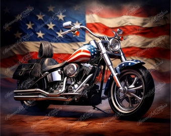 Op de afbeelding: Een rood, wit en blauwe motorfiets met een sterren- en strepen-verfjob. De motorfiets staat geparkeerd voor een Amerikaanse vlag.