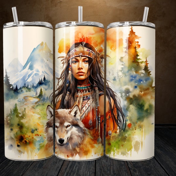 20 oz gerade digitale Dateien für Sublimations Indianermädchen mit Wolf in einer wunderschönen Wildtierlandschaft