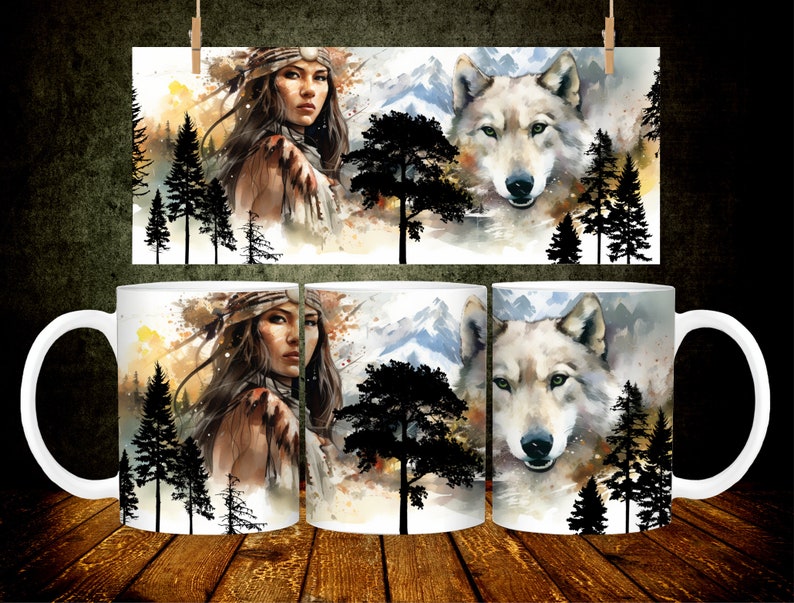 May include: White ceramic mug featuring a watercolor design of a Native American woman and a wolf. The design includes a forest and mountain backdrop with shades of brown, orange, and blue. The mug has a curved handle and a glossy finish.