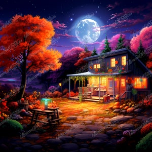May include: A cozy cabin with a porch lit by warm lights, surrounded by autumn trees with vibrant red, orange, and purple leaves. A full moon shines brightly in the night sky.