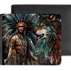 Diseño de una sola cara de 4" x 3,75" para archivos digitales de billetera para sublimación Native American Wolf Galaxy