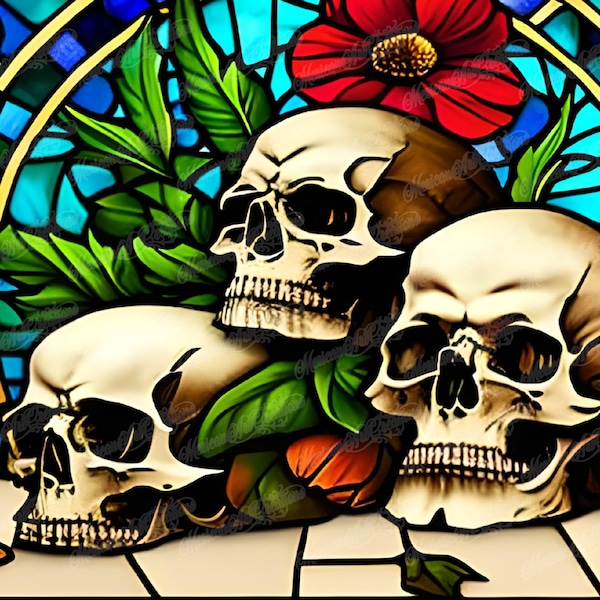 12.25" x 6.25" License Plate Digital Files for Sublimation Stained Glass Skulls with Roses