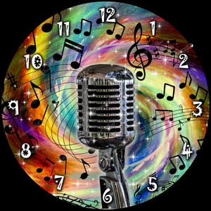 May include: A colorful clock with a vintage microphone in the center. The clock face is surrounded by musical notes and a swirling galaxy background. The numbers on the clock face are in a circular pattern.
