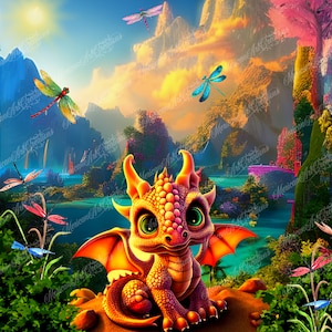 20 oz Straight Digital Files for Sublimation Baby Dragon Magical with Beautiful Fairy Tale Style Background