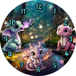 May include: A whimsical clock featuring three cartoon dragons with purple, green, and pink scales. The clock face has a dark blue background with gold and white lights. The numbers are in a light blue font.