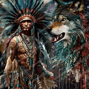 May include: A Native American man wearing a traditional headdress with feathers and beads, standing in front of a wolf with green eyes. The background is a dark blue with stars.