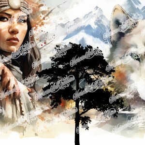 May include: Watercolor illustration featuring a Native American woman and a wolf against a backdrop of mountains and trees. The woman wears a headdress and has a serene expression. The wolf's fur is detailed, and the scene evokes a sense of wilderness.