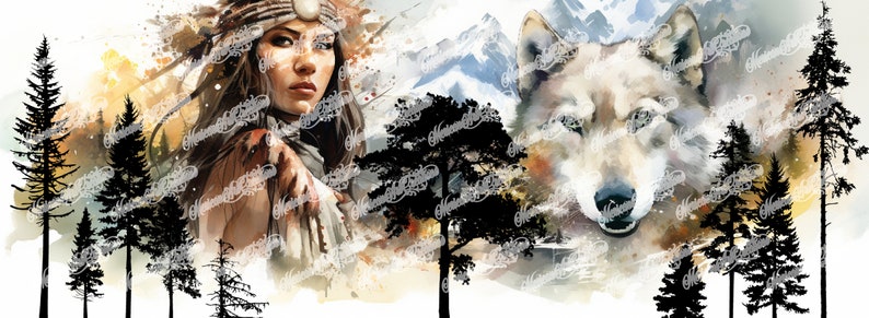 May include: Watercolor illustration featuring a Native American woman and a wolf against a backdrop of mountains and trees. The woman wears a headdress and has a serene expression. The wolf's fur is detailed, and the scene evokes a sense of wilderness.