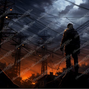 Könnte beinhalten: Eine Silhouette einer Person, die auf einem Dach steht, vor einem dunklen, stürmischen Himmel. Die Person blickt auf eine Stadtlandschaft mit Stromleitungen und Straßenlaternen in der Ferne. Der Himmel ist eine Mischung aus Dunkelblau und Orange, mit ein paar sichtbaren Sternen.