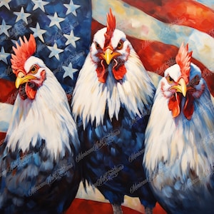 Può includere: Tre galli stanno davanti a una bandiera americana. I galli sono bianchi con accenti blu e rossi. La bandiera è rossa, bianca e blu.