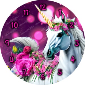 May include: A white unicorn with a pink flower crown and a gold horn is surrounded by pink flowers. The unicorn is on a purple background with pink and white lights. The image is a clock face with pink numbers.
