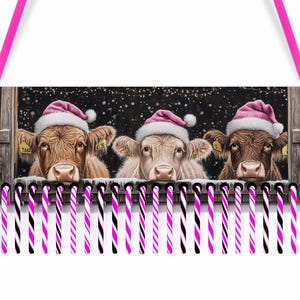 17.75&quot; x 6.25&quot; Christmas Candy Cane Countdown Advent Digital Files for Sublimation Highland Cows Celebrating Christmas in Pink