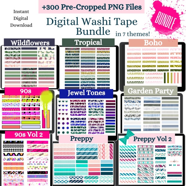 Washi Tape Digital Sticker Bundle VOL 1&2 | Pre-Cropped PNGs | Goodnotes, Notability Planner | Cute Washi Tape