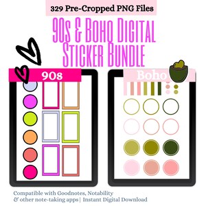 90s & Boho Theme Digital Sticker Bundle | Pre-Cropped PNG Files for Notability Planner, Goodnotes | Cute Washi Tape