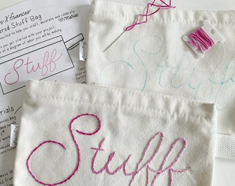 Embroidered makeup bag craft kit, teen girl gift, do it yourself hand embroidery design, canvas cosmetic bag, pencil zipper pouch