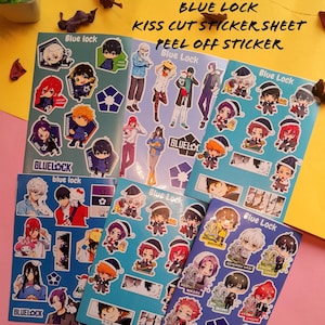 Feuille d'autocollants imperméables Kawaii Blue Lock en forme de bisou - Stickers ordinateur portable/bouteille