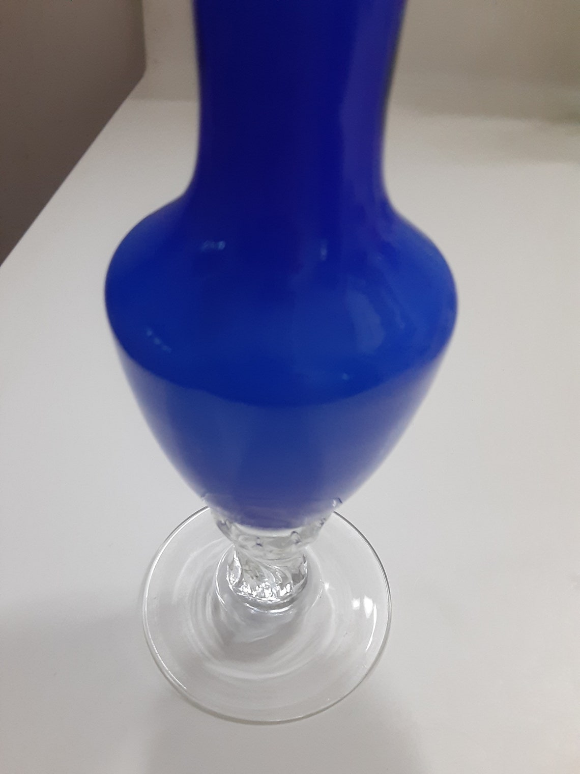 Cobalt Blue Bud Vase With Clear Etched Pedastal/blue Vase/home Decor
