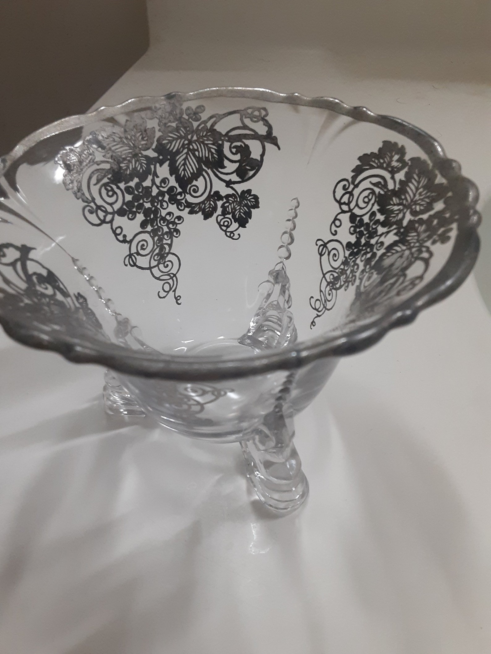 Glass With Silver Floral Accents Round 3 Foited Bowl/accent Etsy