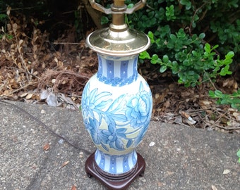 Asian inspired Ceramic handpainted lamp on wood base/blue white yellow handpainted lamp/floral lamp/table lamp/light decor/home decor/lamp