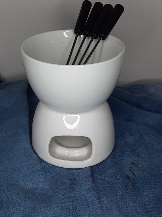 White Ceramic Fondue 2 Piece Set With Forks/dessert Fondue Etsy