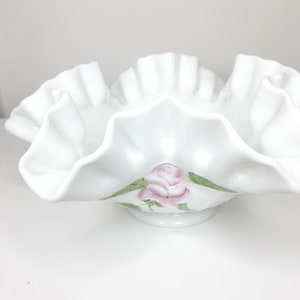 Westmoreland Handpainted Ruffled Trellis Milk Glass Bowl with pink flowers/home decor