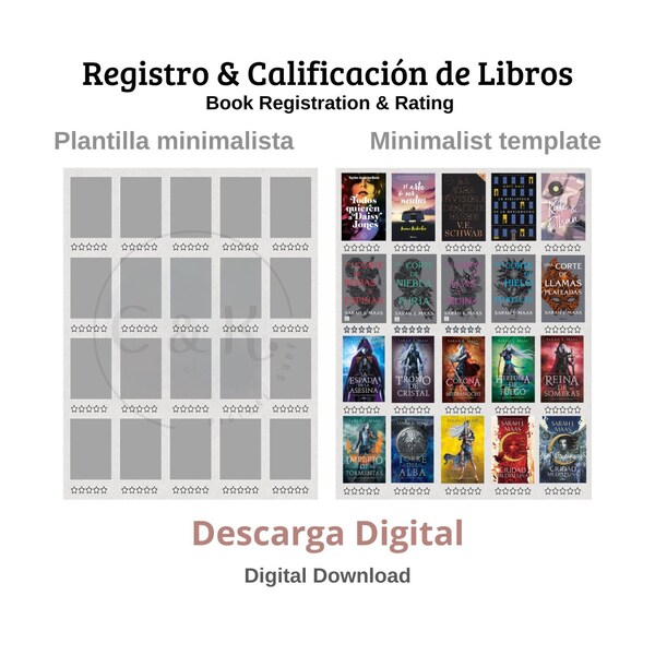 Calificación & Registro de libros, Plantilla minimalista, Descarga digital, Diario de lecturas.