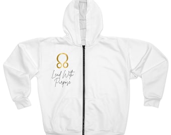 Motivational Unisex Zip Hoodie - Lead With Purpose, Cozy Jacket, Inspirational Astrology Gift, Casual Wear, Perfect for All Seasons