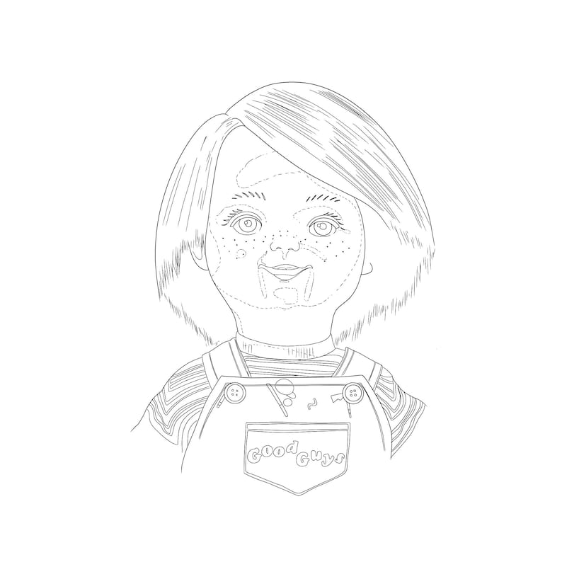 May include: Black and white line drawing of a doll with short hair wearing overalls with the text "Good Guys" on the pocket.