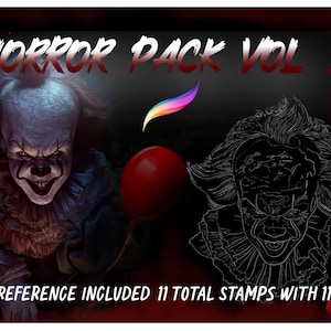 Könnte beinhalten: Horror Pack Vol 1 digitales Stempelset mit einem gruseligen Clown mit einem roten Ballon. Referenzbild enthalten. 11 Stempel insgesamt mit 11 Referenzbildern.