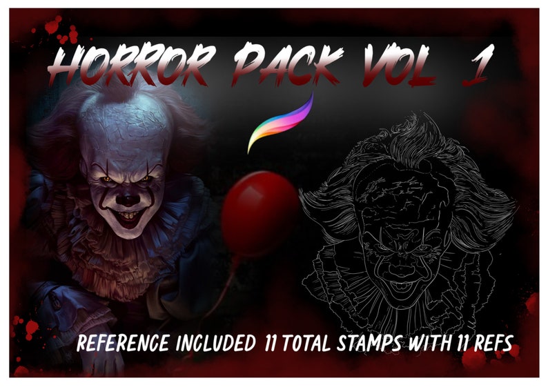 May include: Horror Pack Vol 1 digital stamp set featuring a creepy clown with a red balloon.  Reference image included. 11 total stamps with 11 reference images.