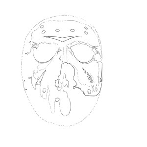 May include: A black and white line drawing of a hockey mask with a skull design.