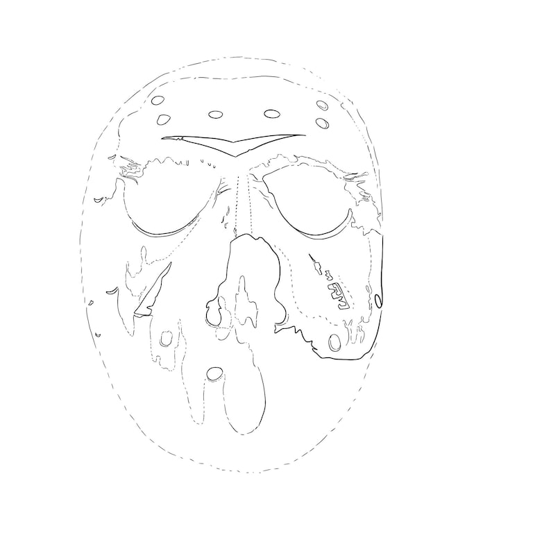 May include: A black and white line drawing of a hockey mask with a skull design.