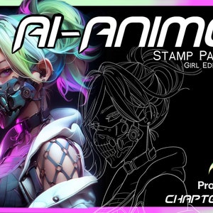 May include: A digital illustration of a cyberpunk anime girl with pink and green hair wearing a mask. The image is in black and white with a white outline. The text "AI-ANIME STAMP PACK. I GIRL EDITION" and "Procreate CHAPTER 2" is visible in the image.