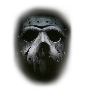 May include: A black hockey mask with a distressed, weathered look. The mask has a metal cage over the eyes and nose, and a series of small holes throughout. The mask is a popular symbol of horror.