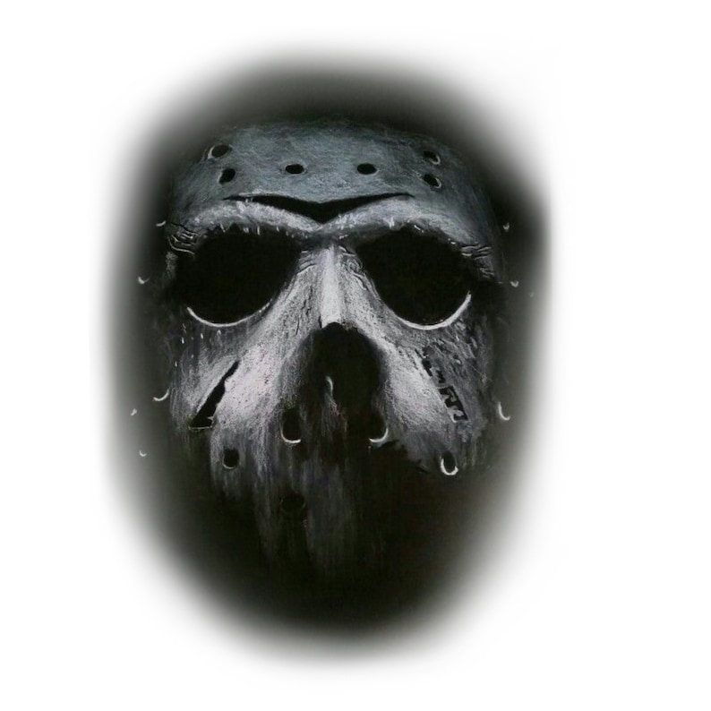 May include: A black hockey mask with a distressed, weathered look. The mask has a metal cage over the eyes and nose, and a series of small holes throughout. The mask is a popular symbol of horror.