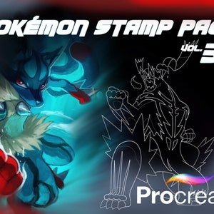 Op de afbeelding: Een digitale illustratie van twee Pokémon, één blauw en één zwart-wit, met de tekst "POKÉMON STAMP PACK vol. 3 Procreate" bovenaan de afbeelding.